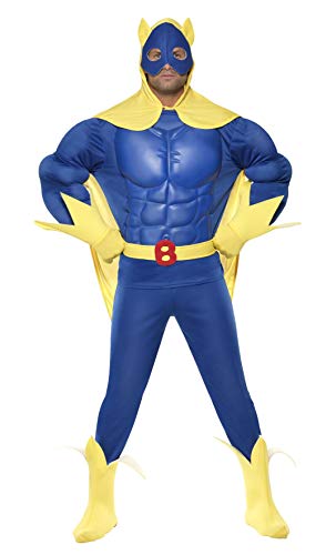 Smiffys Men's Bananaman EVA Chest Costume, Top, Trousers, Cape, Belt, Gloves & Boot Covers, Bananaman, Size: L, Colour: Blue and Yellow, 39556