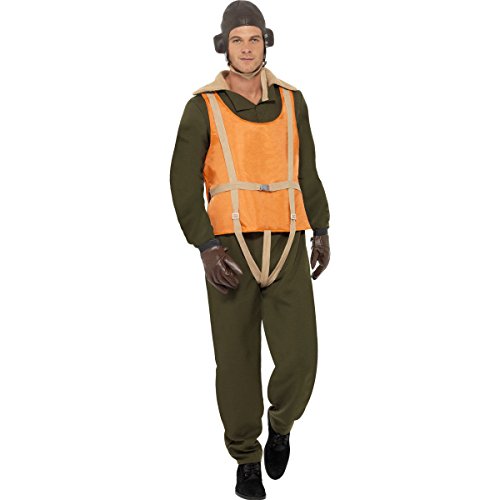 Smiffy's Deluxe 40's Aviator Costume with Flying Suit, Life Jacket, Hat and Gloves - Brown, Medium