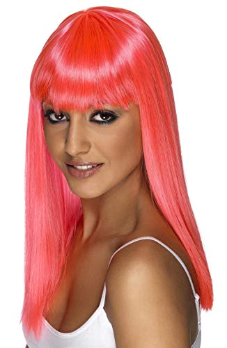Smiffys Women's Long and Straight Neon Pink Wig with Bangs, One Size, Glamourama Wig, 5020570421611