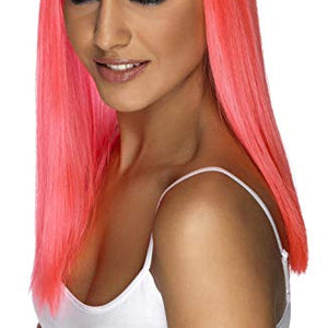 Smiffys Women's Long and Straight Neon Pink Wig with Bangs, One Size, Glamourama Wig, 5020570421611