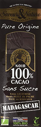 Saveurs et Nature Organic 100 Percent Cocoa Sugar Free Madagascan Chocolate 100 g (Pack of 2)