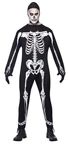Smiffys Adult Men's Skeleton Jumpsuit Costume, Hood and Gloves, Legends of Evil, Halloween, Size: L, 23032