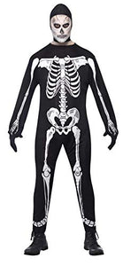 Smiffys Adult Men's Skeleton Jumpsuit Costume, Hood and Gloves, Legends of Evil, Halloween, Size: L, 23032