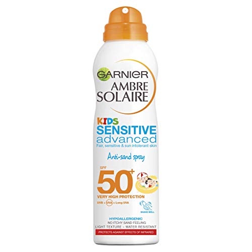 Garnier Ambre Solaire Kids Sensitive Hypoallergenic Anti-Sand Sun Cream Spray SPF50+,  High Sun Protection Kids Suncream SPF50+ 200 ml