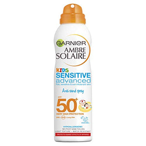 Garnier Ambre Solaire Kids Sensitive Hypoallergenic Anti-Sand Sun Cream Spray SPF50+,  High Sun Protection Kids Suncream SPF50+ 200 ml