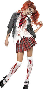 Smiffy's Women's 32929 Costumes High School Horror Zombie Schoolgirl Costume, Jacket, Attached Shirt, Tie and Skirt, High School Horror, Grey (Gris), Small