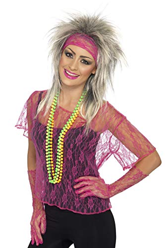 Smiffys Lace Net Vest with Gloves and Headband - Neon Pink