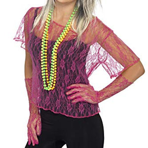 Smiffys Lace Net Vest with Gloves and Headband - Neon Pink