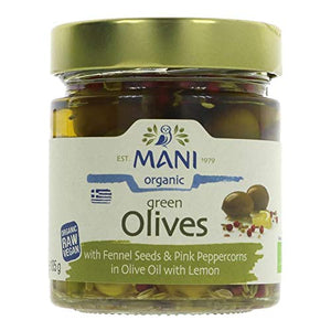 Mani Mani Organic Green Olives with Fennel Seeds and Pink Peppercorns in Olive with Lemon 185 g