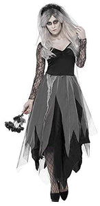 Smiffys Women's Dress and Rose Veil, Legends of Evil, Halloween Graveyard Bride Costume, Multicoloured (Gris/Noir), L - UK Size 16-18