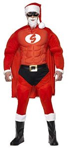 Smiffys Men's Super Santa Costume, Beard,Top, Trousers, Belt, Cape, Bootcovers, Hat, & Mask, Super Fit, Size: M, Colour: Red and White, 36214