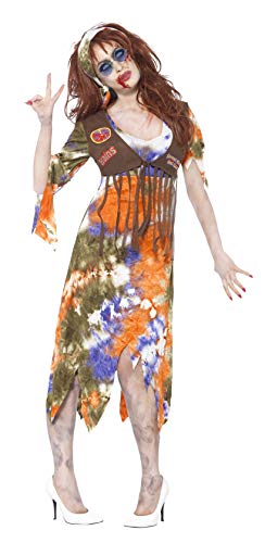 Smiffys Adult Women's Zombie 60's Hippie Lady Costume, Dress with Attached Waistcoat and Headscarf, Zombie Alley, Halloween, Size S, 61105
