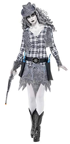 Smiffys Ghost Town Cowgirl Costume with Hat, Waistcoat, Belt and Dress - Grey, Medium