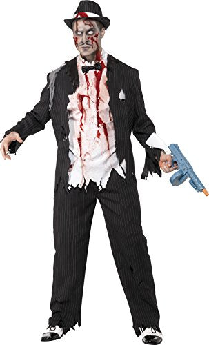 Smiffys Men's Zombie Gangster Costume, Jacket, Trousers, Top with Latex Pieces & Bow Tie, Size: M, Colour: Black, 31910
