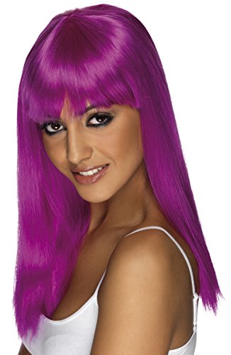 Smiffys Women's Long and Straight Neon Purple Wig with Bangs, One Size, Glamourama Wig, 42162