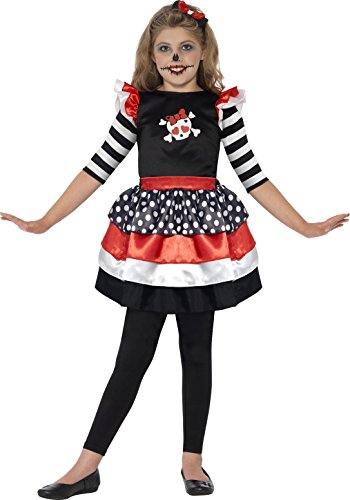 Smiffy's Children's Skully Girl Costume, Dress and Headband, Colour: Black, Red and White, Ages 4-6, 44288