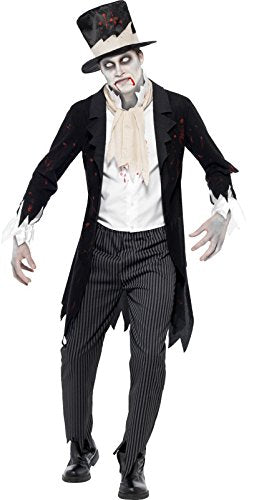 Smiffys Adult Men's Till Death Do Us Part Zombie Groom Costume, Jacket with Waistcoat, Scarf, Trousers and Top Hat, Zombie Alley, Halloween, Size: L, 24352