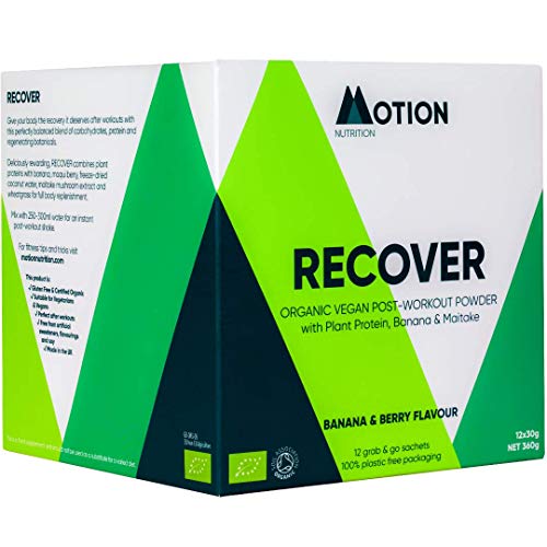 Motion Nutrition Recover | Post-Workout Plant-Based Protein Shake | Recover Mind/Body |Organic + Vegan | Berry Banana Flavour with Electrolytes, Micronutrients | Replenishes + Rehydrates (12 x 15g)
