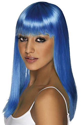 Smiffys Women's Long and Straight Neon Blue Wig with Bangs, One Size, Glamourama Wig, 5020570421581