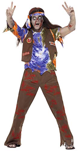 Smiffys Adult men's Zombie 60's Hippie Costume, trousers, Top and Headscarf, Zombie Alley, Halloween, Size L, 61106