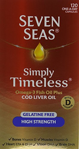Seven Seas Simply Timeless Omega-3 Fish Oil Plus Cod Liver Oil High Strength, Gelatine Free, with Vitamin D, 120 One a day Capsules
