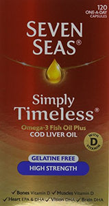 Seven Seas Simply Timeless Omega-3 Fish Oil Plus Cod Liver Oil High Strength, Gelatine Free, with Vitamin D, 120 One a day Capsules