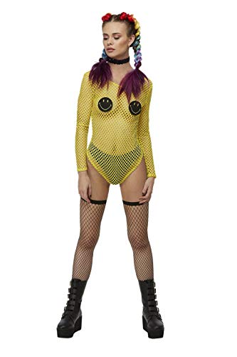Smiffys 52335M Officially Licensed Smiley Fishnet Bodysuit, Women, Yellow, M - UK Size 12-14