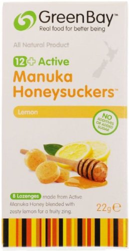 Green Bay 12+ Active Manuka Organic Honeysuckers Lemon 8 Lozenges 22 g (Pack of 2)