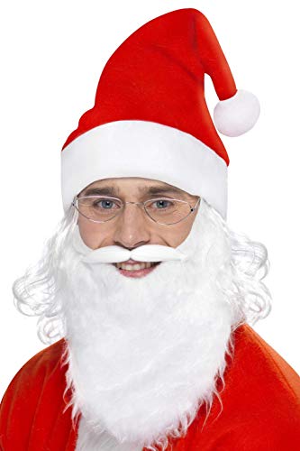 Smiffys Men's Santa Dress Up Kit, Beard, Glasses & Hat with Hair, One Size, Colour: Red and White, 23505