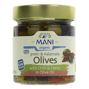 Mani Mani Organic Green and Kalamata Olives with Chilli and Herbs in Olive 185 g