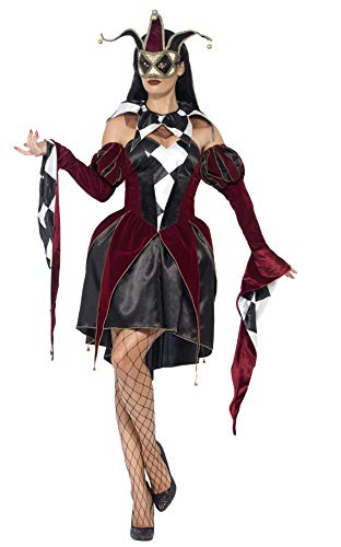 Smiffys Adult Women's Gothic Venetian Harlequin Costume, Dress, Sleeves and Collar, Carnival of the Damned, Halloween, Size: M, 43652