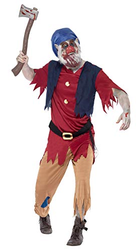 Smiffys Men's Zombie Dwarf Costume, Top, Attached Waistcoat, Trousers & Mask, Size: L, Colour: Blue and Red, 40061