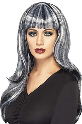 Smiffys Sinister Siren Wig Long Wavy with Fringe and Streaks - Black/Grey