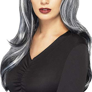 Smiffys Sinister Siren Wig Long Wavy with Fringe and Streaks - Black/Grey