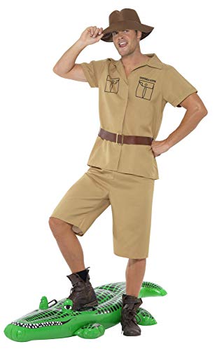 Smiffys Adult men's Safari Man Costume, Shirt, Shorts, Belt and Hat, Brown, L