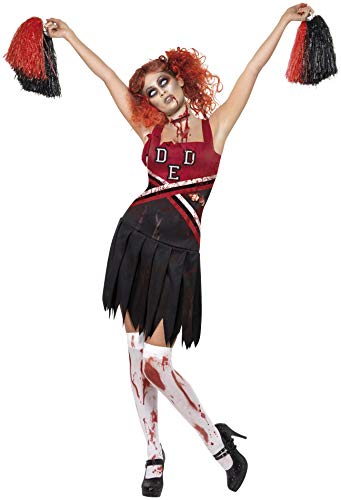 Smiffys Women's Zombie Cheerleader Costume, Dress & Pom Poms, Size: XS, Colour: Red and Black, 32902