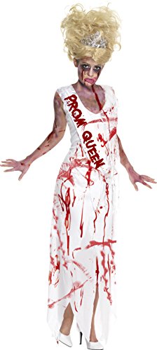 Smiffys Women's High School Horror Zombie Prom Queen Costume, Dress & Attached Sash, High School Horrors, Colour: White, Size: L, 32950