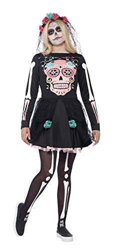 Smiffys Young Adult female's Sugar Skull Sweetie Costume, Dress and Headpiece, Halloween, Size: S, 44341