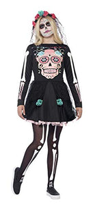 Smiffys Young Adult female's Sugar Skull Sweetie Costume, Dress and Headpiece, Halloween, Size XS, 44341