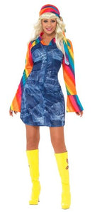 Smiffy's Groovier Dancer Costume with Denim Effect Dress, Mock Shirt and Head Piece - Medium