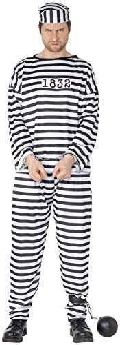 Smiffys Men's Convict Costume with Shirt Trousers and Hat, Black/White, Medium