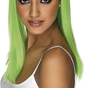 Smiffys Women's Long and Straight Neon Green Wig with Bangs, One Size, Glamourama Wig, 5020570421598