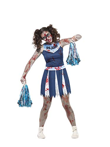 Smiffys Teen's Zombie Cheerleader Costume, Dress & Pom Poms, Colour: Blue and White, Size: S, 45614