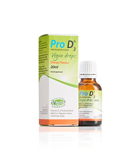 Pro D3 Vegan Drops 20ml (Vitamin D3-400 IU per 4 Drops) Vegan Certified - Cruelty Free - Gluten Free - Salt Free - Yeast Free - Gelatin Free - SOYA Free - Peanut Free - Colour Free - Alcohol Free