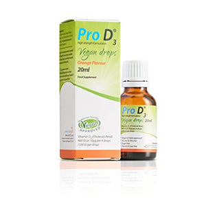Pro D3 Vegan Drops 20ml (Vitamin D3-400 IU per 4 Drops) Vegan Certified - Cruelty Free - Gluten Free - Salt Free - Yeast Free - Gelatin Free - SOYA Free - Peanut Free - Colour Free - Alcohol Free