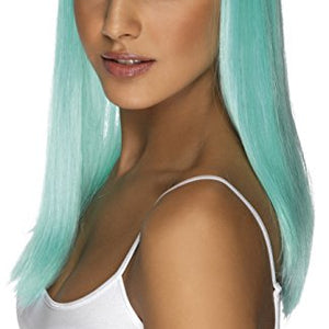 Smiffys Women's Long and Straight Neon Aqua Wig with Bangs, One Size, Glamourama Wig, 42157