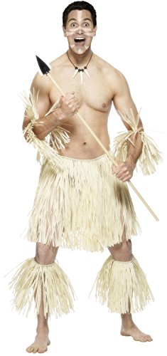 Smiffys Adult men's Zulu Warrior Costume, Skirt, Anklets and Wristbands made of Straw, Around the World, Serious Fun, One Size, 30006