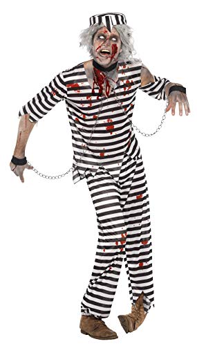 Smiffys Men's Zombie Convict Costume, Top, Trousers, Hat and Chain Cuffs, Zombie Alley, Colour: Black and white, Size: M, 24347