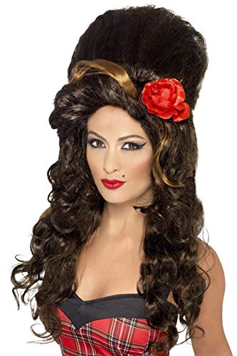 Smiffys Women's Large Brown Beehive Wig with Large Red Flower, One Size, Rehab Wig, 5020570422359