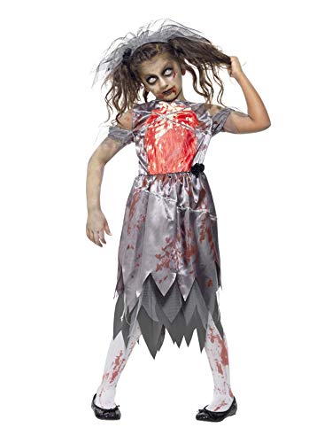 Smiffy's Children's Zombie Bride Costume, Bloodied Dress, Printed Chest Piece & Veil, Colour: Grey and Red, Size: L, 43027